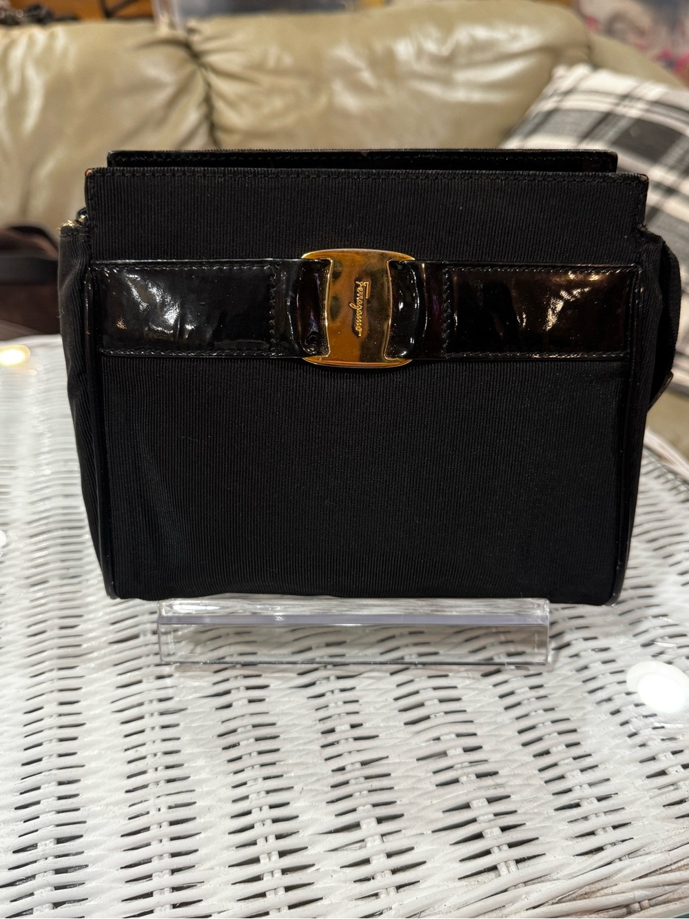 Authentic Vintage Salvatore Ferragamo Black Grosgrain Vara Bow Cosmetic Pouch